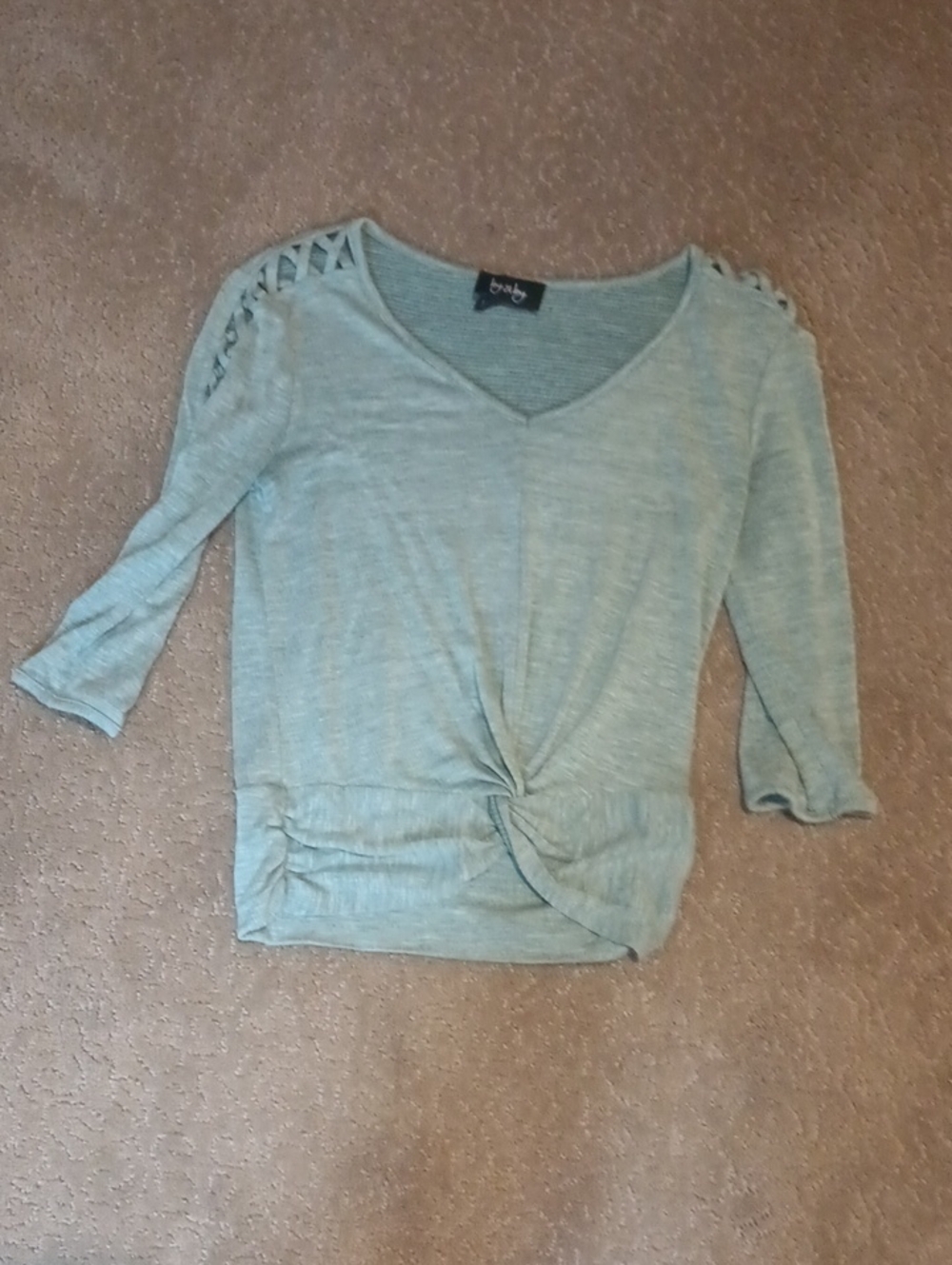 by & by Sage Green Twist-Front V-Neck Top with Lattice Shoulders